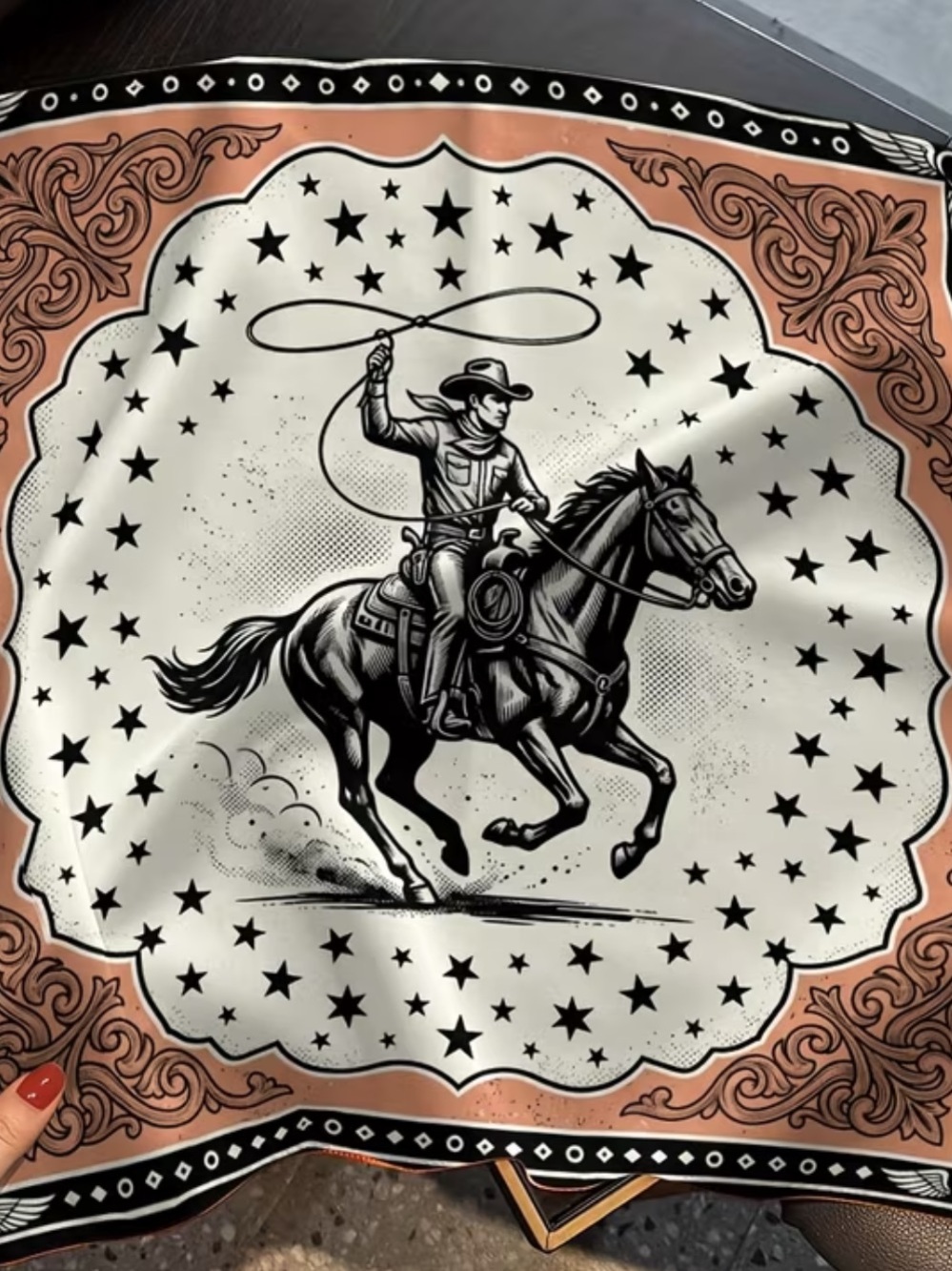 Lasso Cowboy & Horse Bandana Scarf in Black, White & Copper 35”